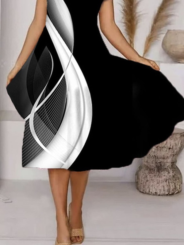 Regular Fit Black And White Colorblock V Neck Casual Handmade Dress