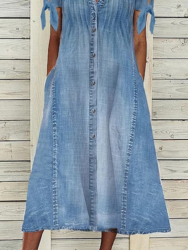 Plain V Neck Casual Denim Handmade Dress