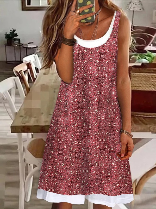 Printed Round Neck Casual Sleeveless Knitting Handmade Dresses