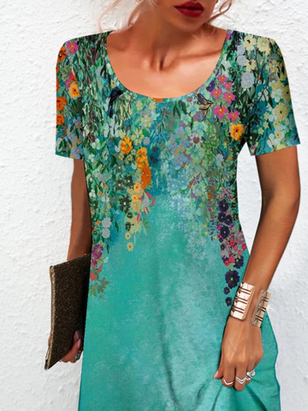 Floral Printed Crew Neck Jersey Casual Handmade Dress