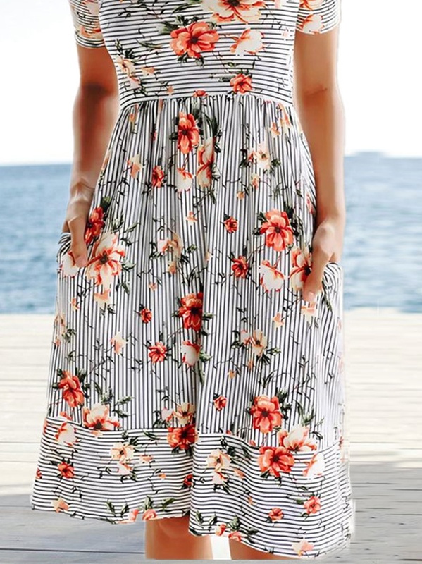 Vacation Floral Striped Casual Loosen Crew Neck Midi Short Sleeve