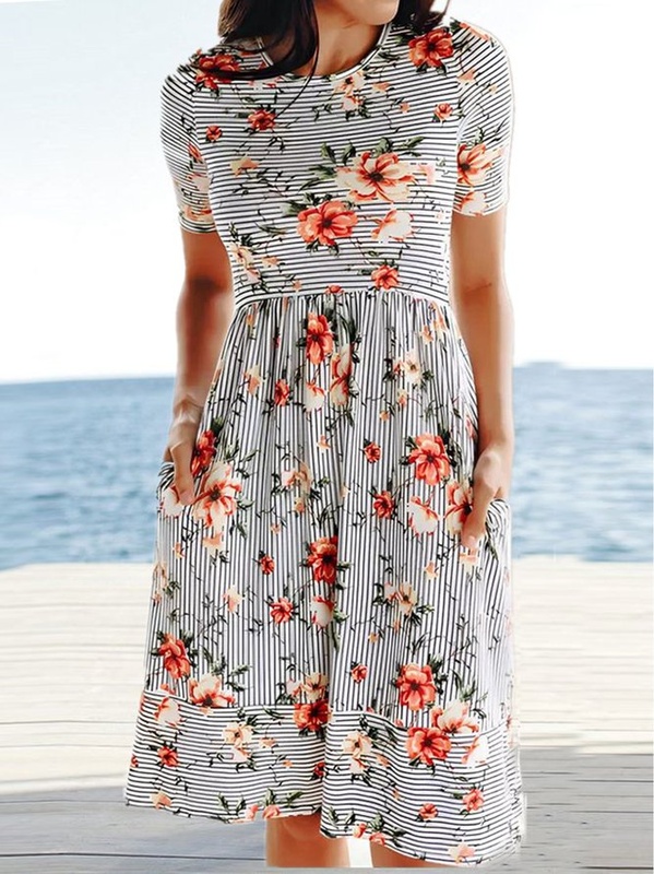 Vacation Floral Striped Casual Loosen Crew Neck Midi Short Sleeve