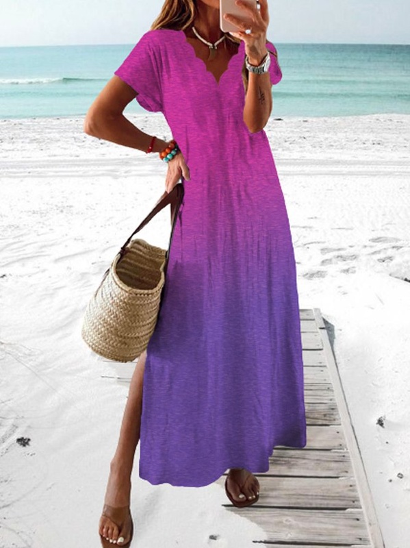 Womens Short sleeve Handmade Dress Maxi long Handmade Dress Casual Color Gradient
