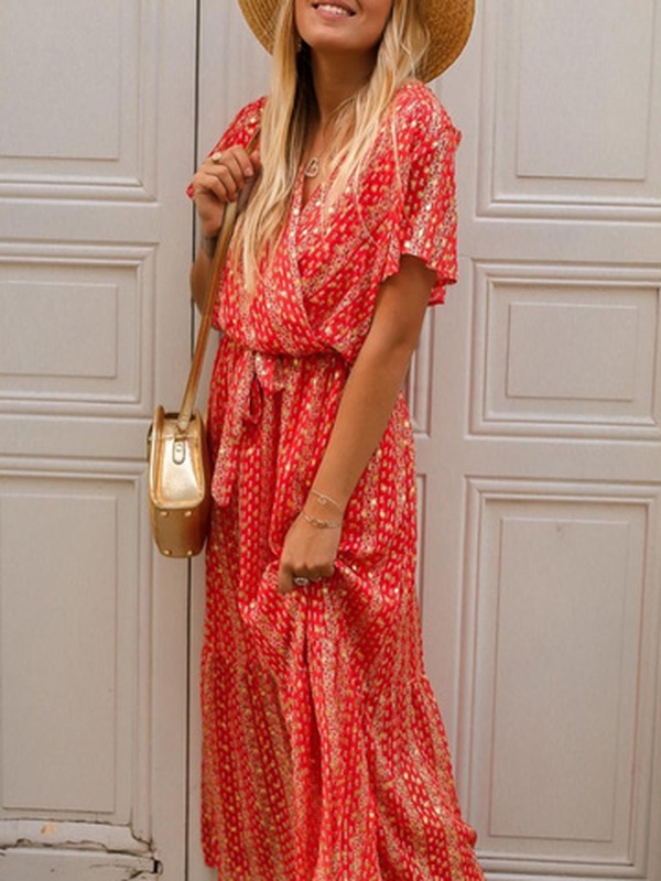 Abstract Short Sleeve Vacation Lace Up V Neck Handmade Dress