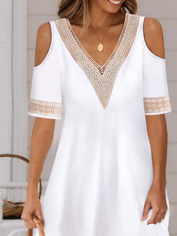 Lace V Neck Vacation Color Block Handmade Dress