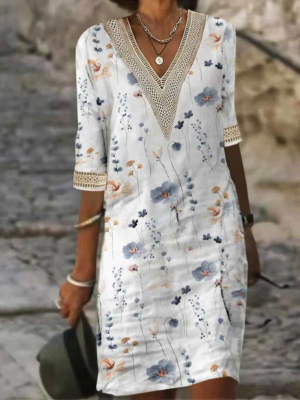 V Neck Casual Floral Printed Lace Handmade Dress