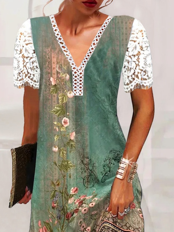 Split Joint Loose Floral Casual Handmade Dress