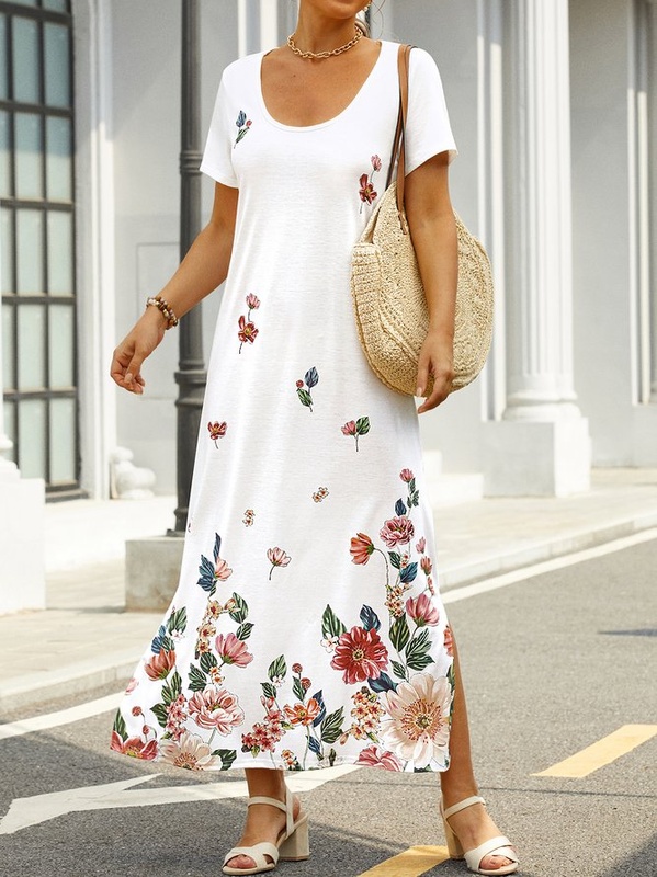 Floral print Casual Short Sleeve V neck Knitting Handmade Dress