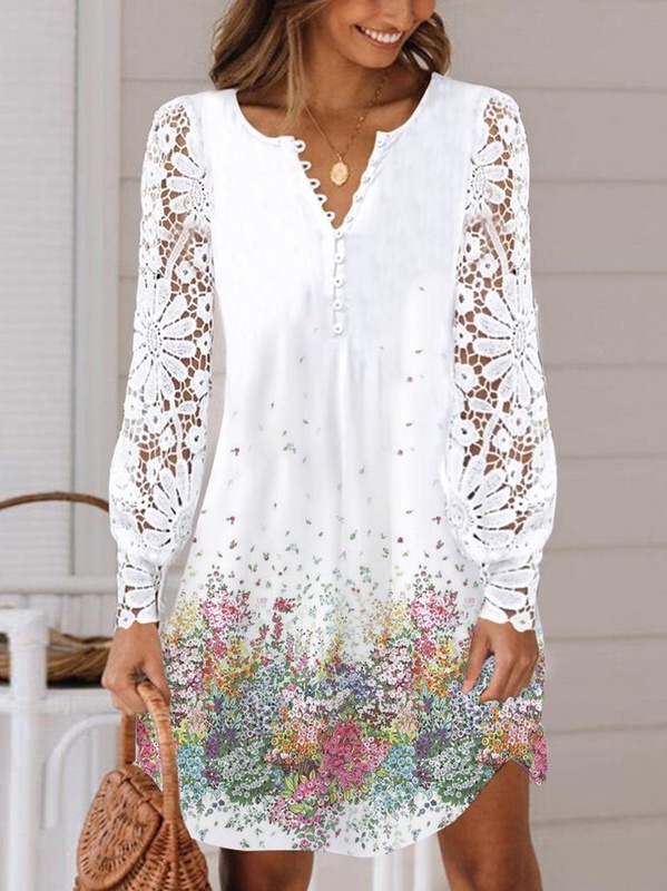 V Neck Casual Jersey Floral Handmade Dress