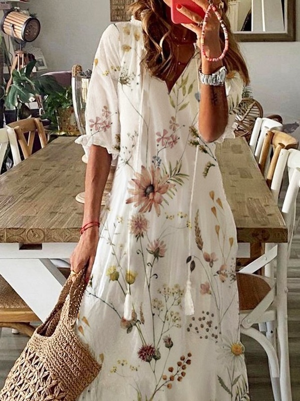 Floral Casual V Neck Tassel Loose Handmade Dress
