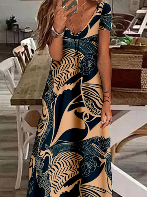 Abstract Short Sleeve V Neck Casual Long Handmade Dress