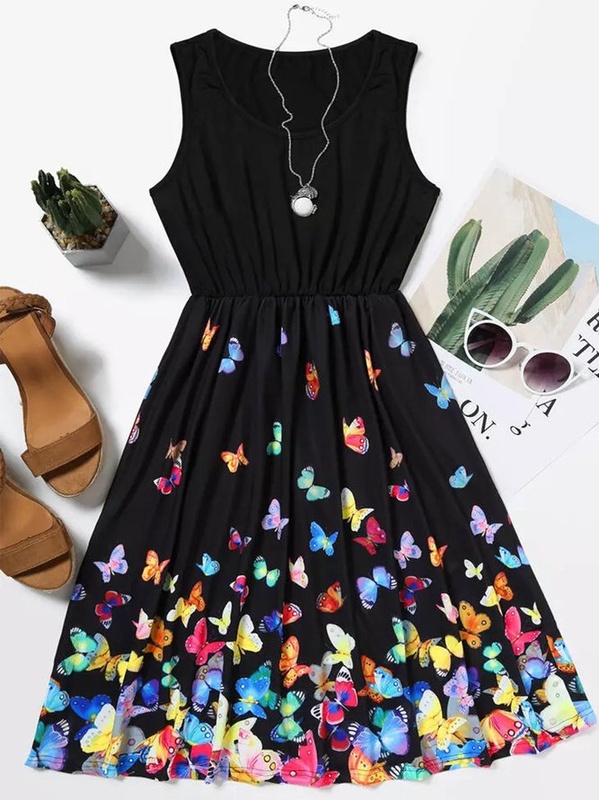 Vintage Butterflies Printed Statement Plus Size Sleeveless Crew Neck Casual