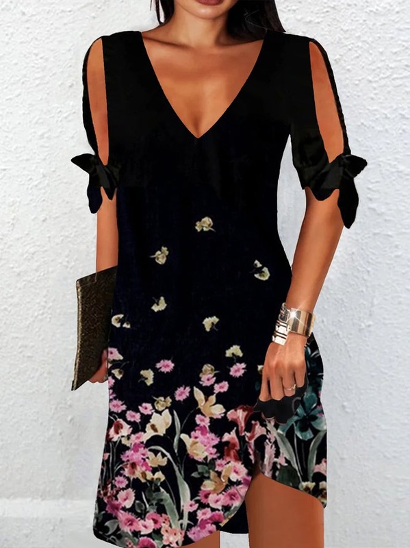 Floral Loosen Short Sleeve Knit Handmade Dress