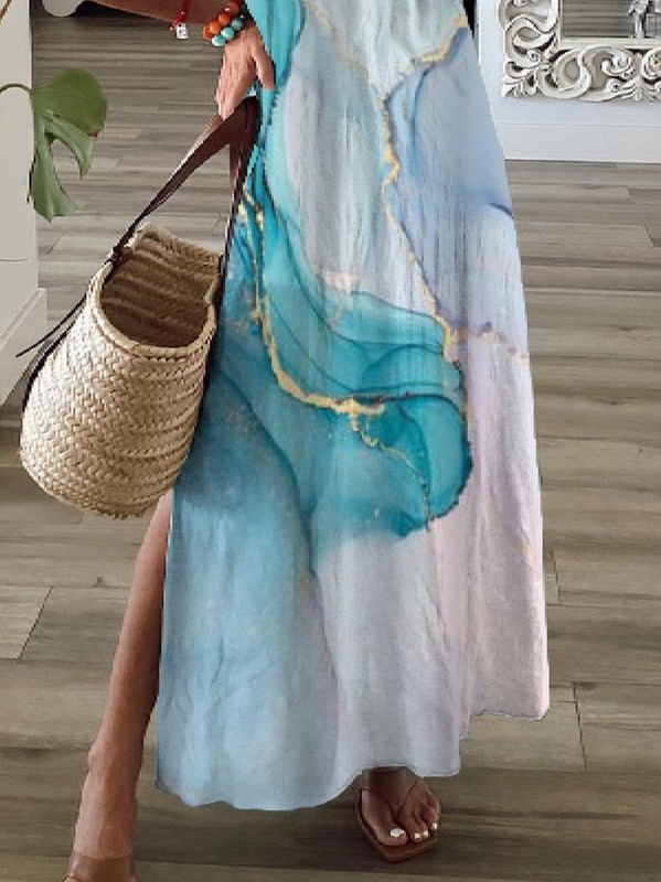 Casual V neck Printed Short Sleeve Knit Handmade Dress