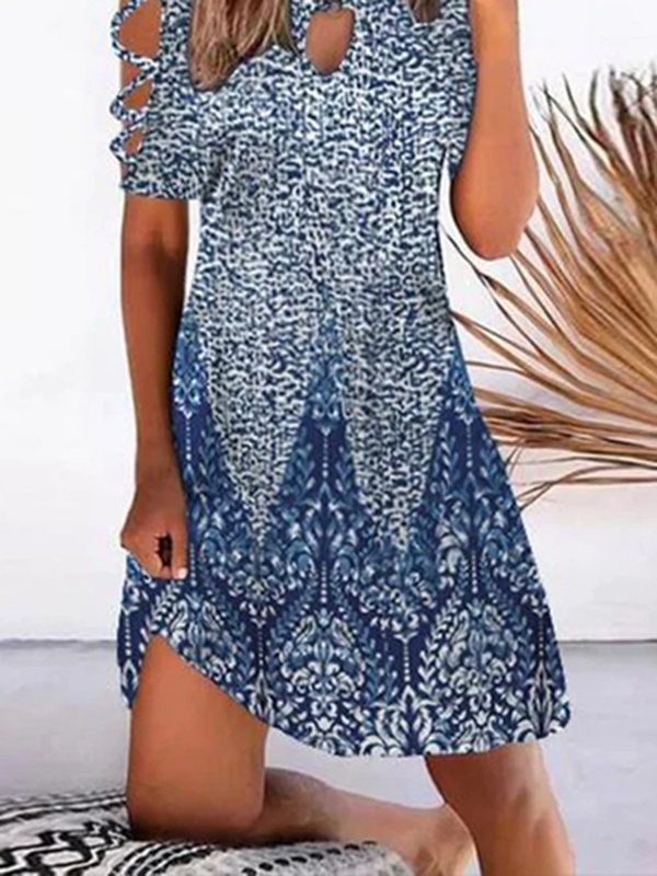 Notched Printed Short Sleeve Casual Handmade Dress