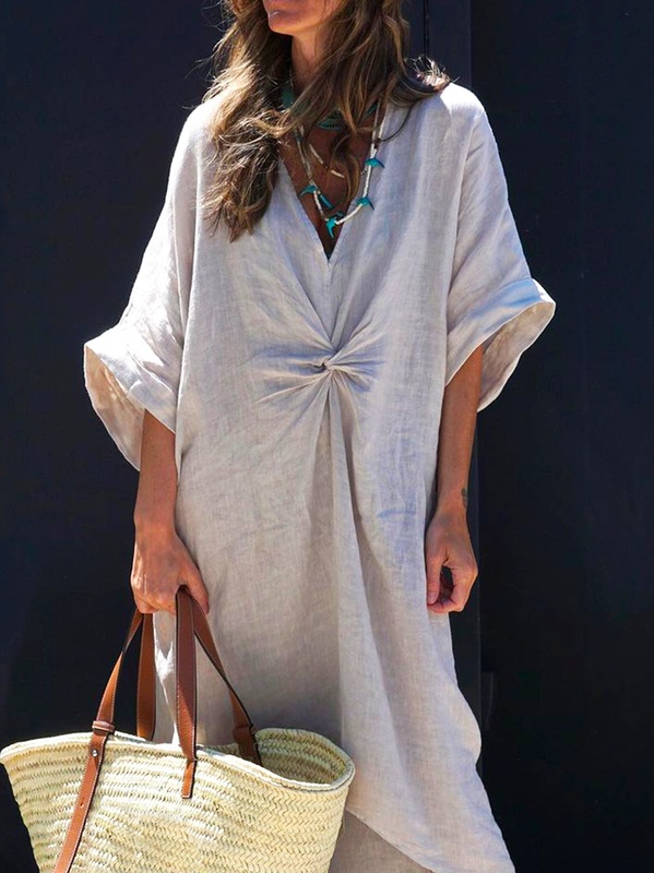 Cotton Plain Casual Loose Handmade Dress