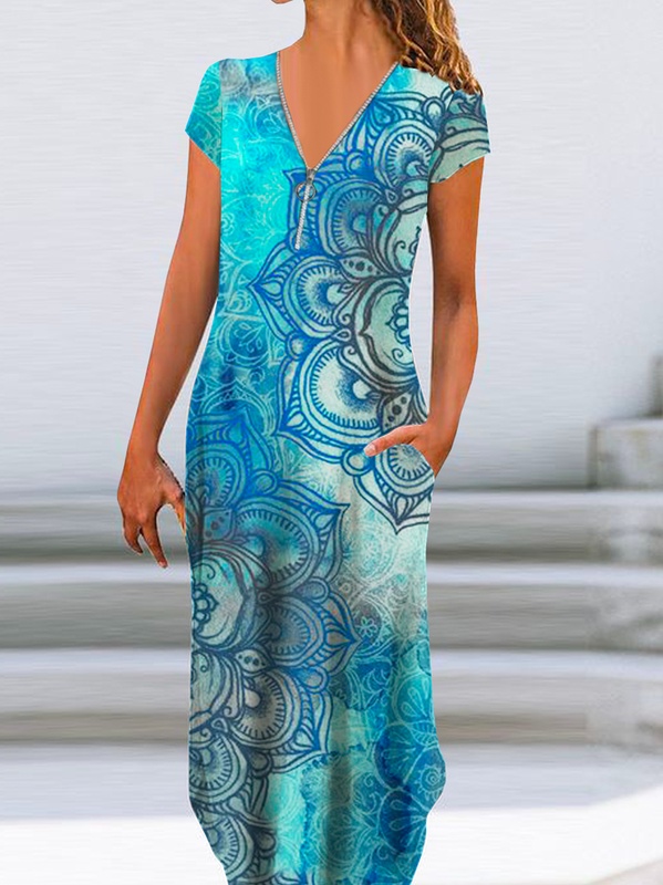 V Neck Jersey Casual Zipper Handmade Dress