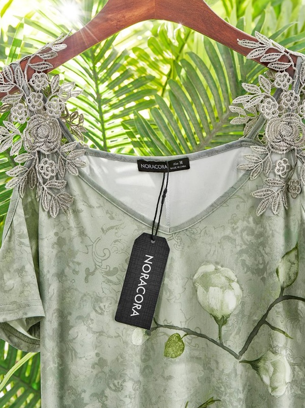 Floral Cotton Blends Vacation Short Sleeve Knit Handmade Dress