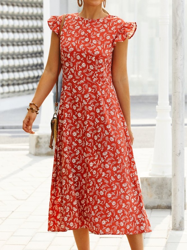 Sleeveless Crew Neck Floral Print Boho Holiday Weaving Handmade Dress