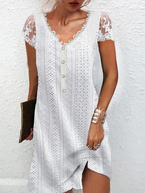 Loose Casual Plain V Neck Handmade Dress