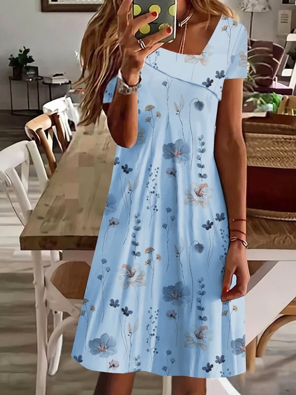 Asymmetrical Neck Casual Floral Printed Handmade Dress