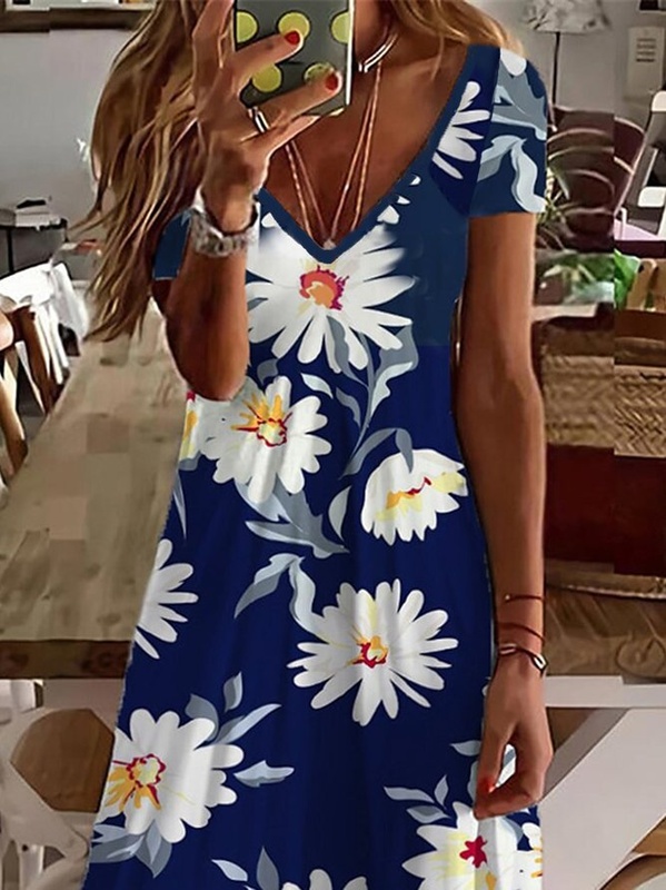 Floral Casual V Neck Short Sleeve A line Handmade Dresses