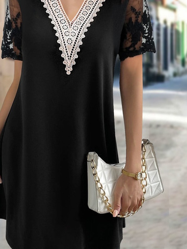 Casual Plain V Neck Patchwork lace Loose Handmade Dress