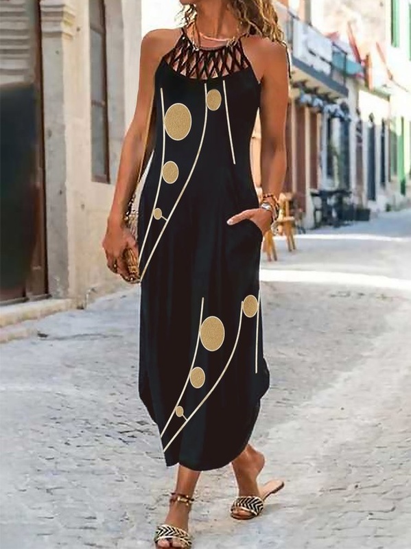 Geometric Sleeveless Crew Neck Casual Handmade Dress