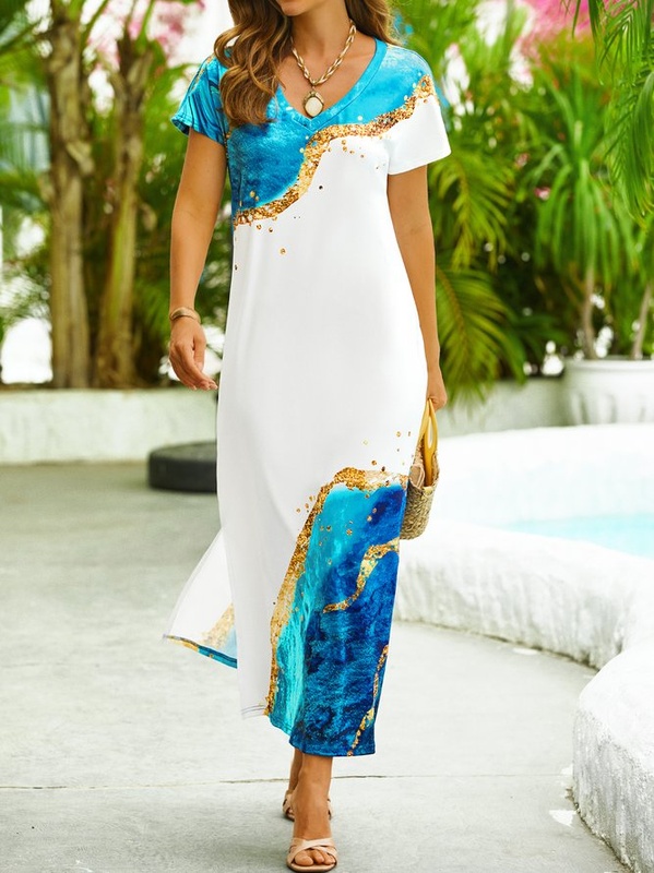 V Neck Jersey Casual Abstract Printed Handmade Dress