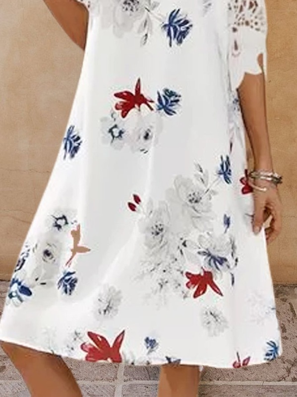 V Neck Floral Cotton Blend Holiday Weaving Handmade Dress