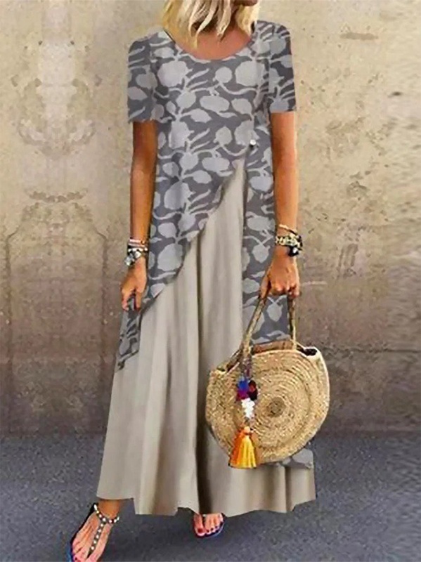 Short Sleeve Crew Neck Abstract Color Block Buckle Vacation Mock