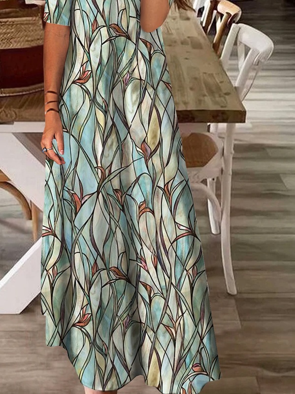 Geometric Printed Square Neck Casual Handmade Dresses