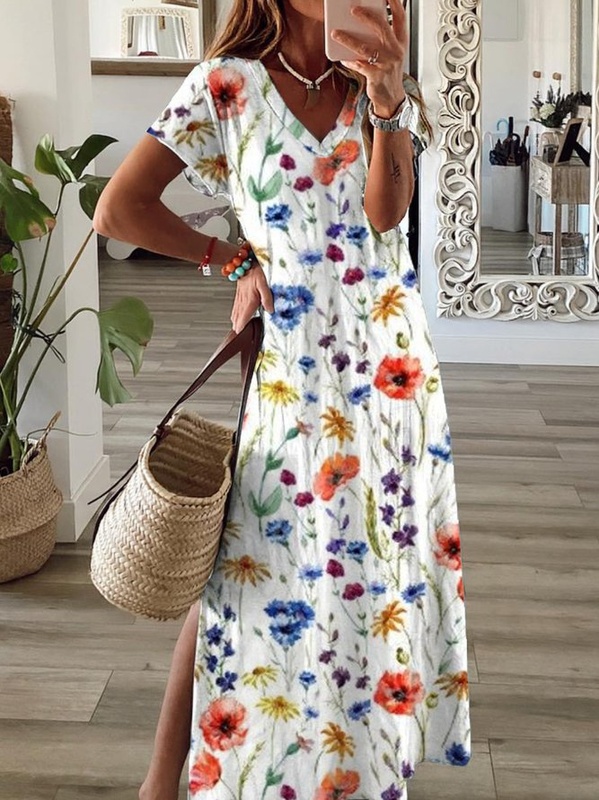 Casual Floral Short Sleeve V Neck Printed Handmade Dress