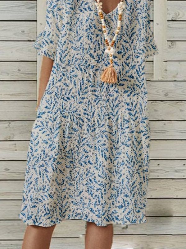 Polyester Cotton V Neck Pastoral Short Sleeve Weaving Handmade Dress