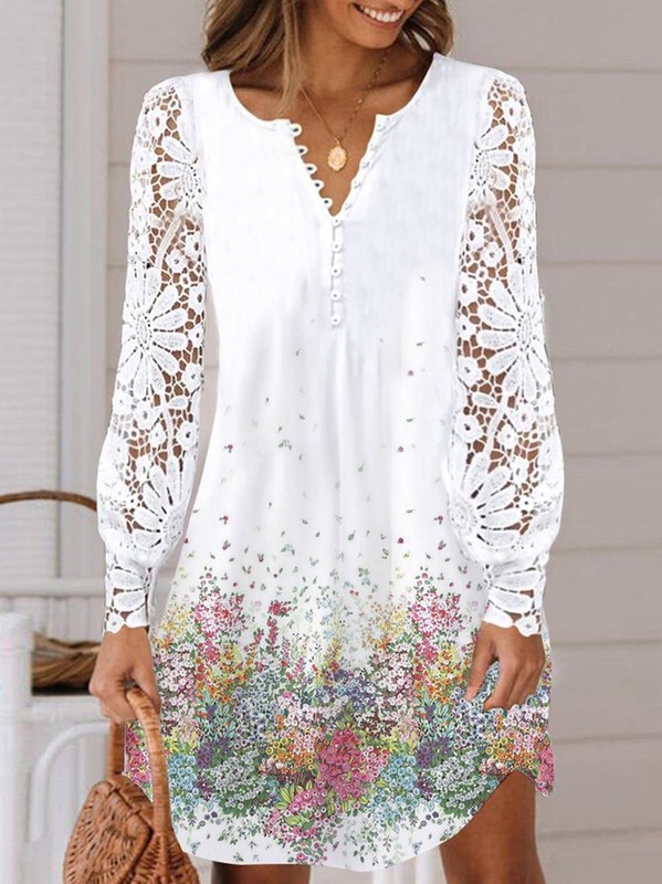 V Neck Casual Jersey Floral Handmade Dress