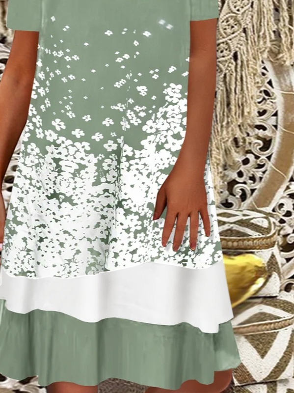 Casual Cotton Blends Floral Short Sleeve Knit Handmade Dress