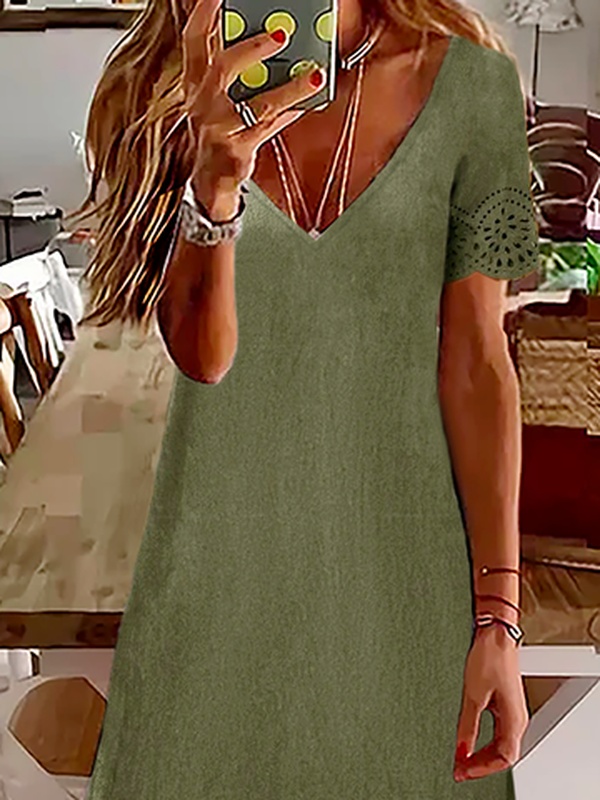 Casual V Neck Plain Handmade Dress