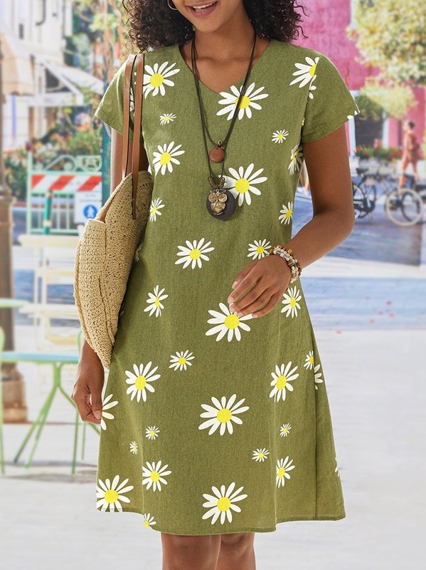 Casual vintage V neck short sleeved daisy Handmade Dress