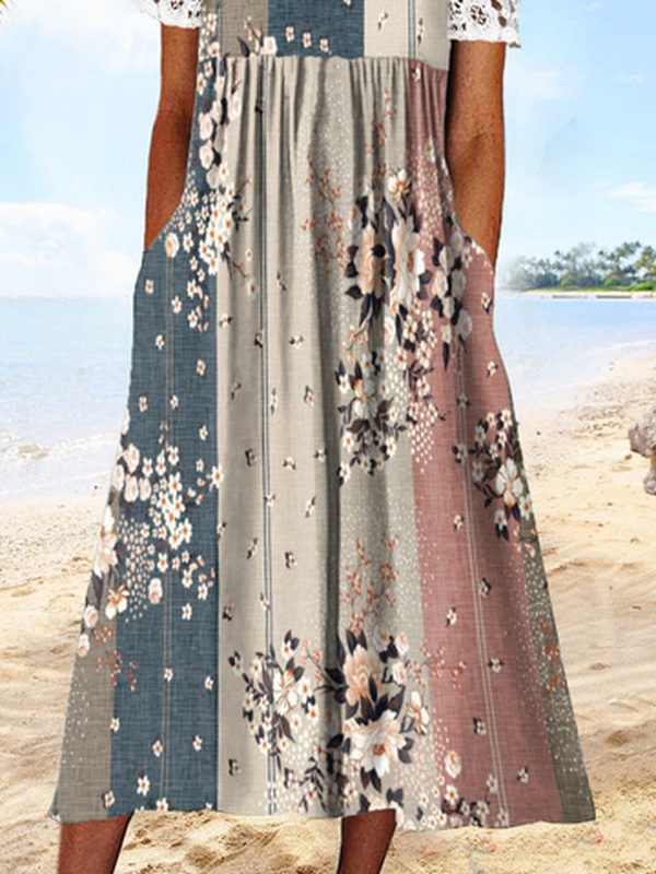 Floral Lace Short Sleeve Hollow Out Lace V Neck Pockets