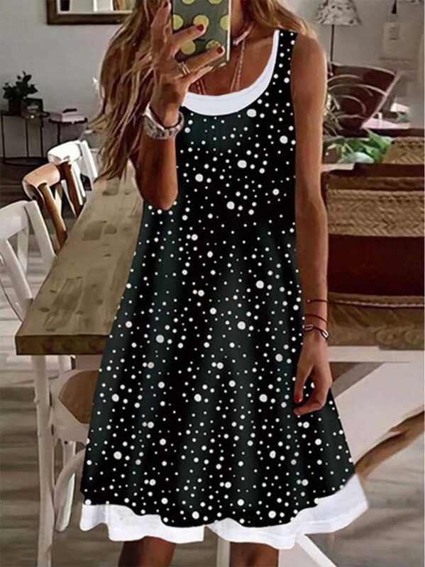 Casual Polka Dots Loosen Crew Neck Short Sleeve Knit Handmade Dress