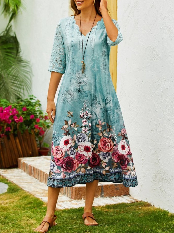 Casual Green Floral V Neck Loose Handmade Dress