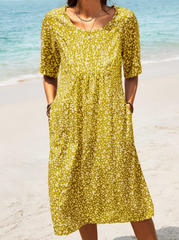 Hlaf Sleeve Round Neck Floral Print Causal Midi Handmade Dress