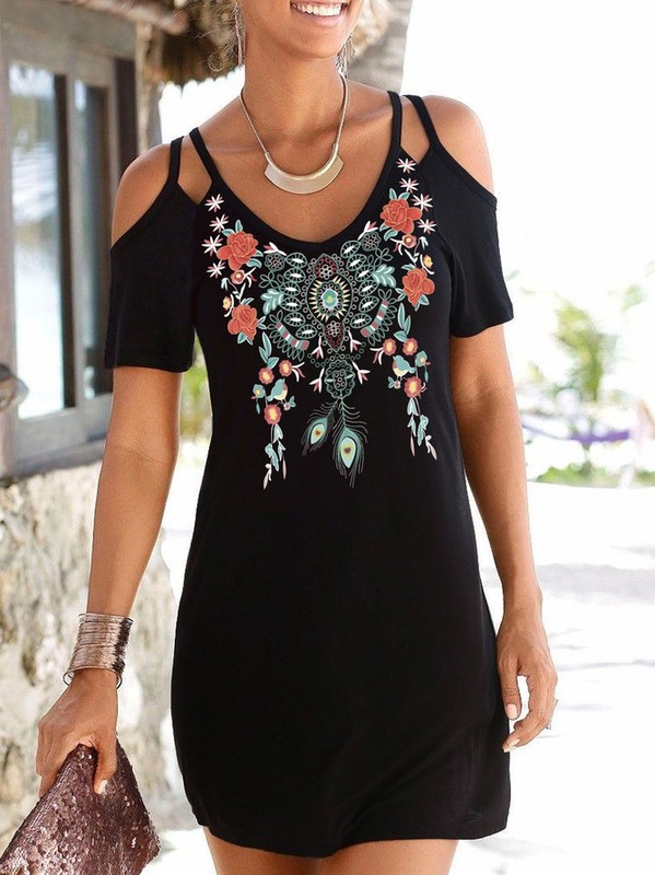 V Neck Loosen Short Sleeve Knit Handmade Dress