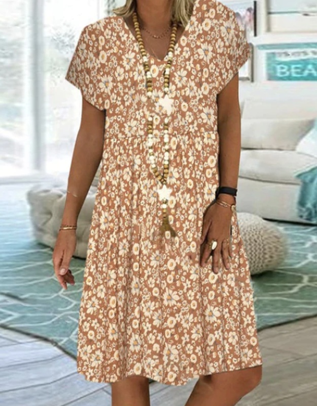 Plus size Casual Floral Short Sleeve Handmade Dress