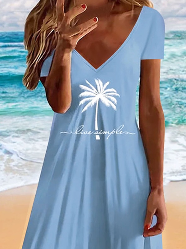 Jersey V Neck Coconut Tree Printed Casual Handmade Dress