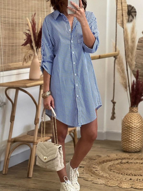 Casual Buckle Striped Shirt Handmade Dress