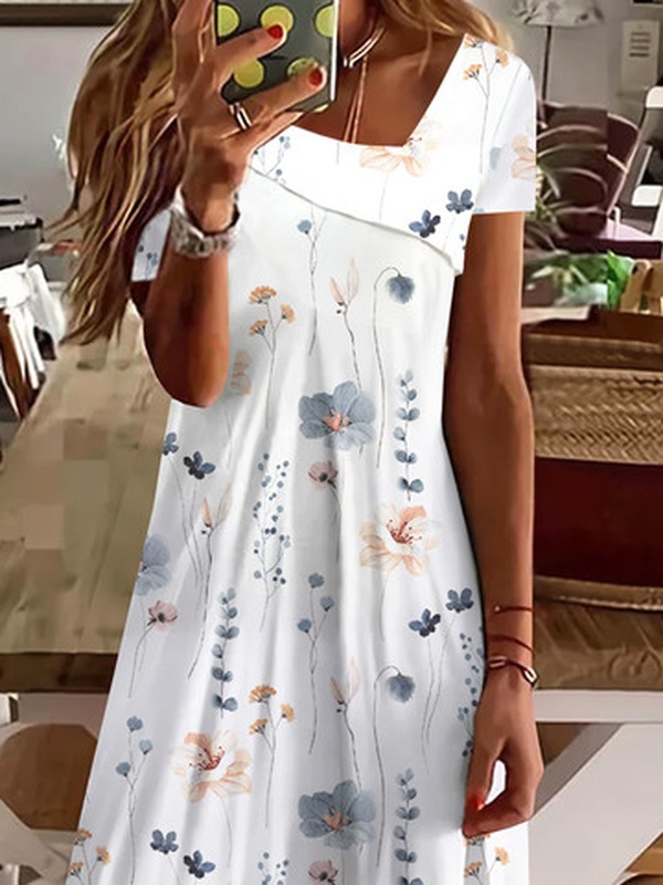 Asymmetrical Neck Casual Floral Printed Handmade Dress