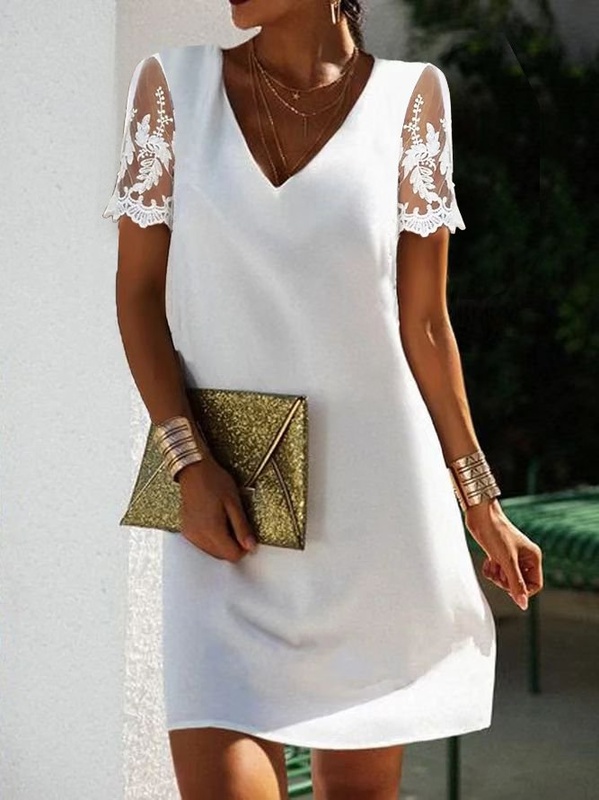 Plain V Neck Loose Casual Handmade Dress