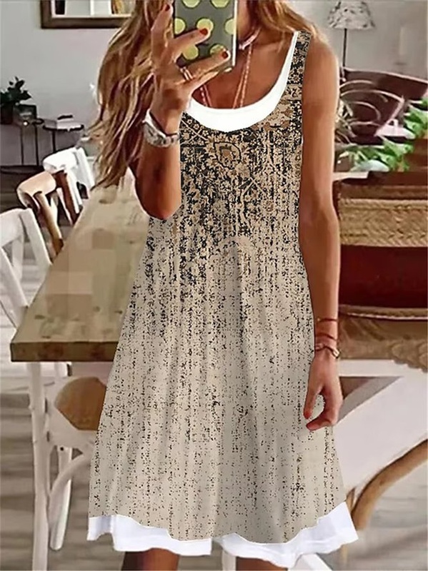 Abstract Casual Loose Tank Sleeveless A Line Handmade Dress