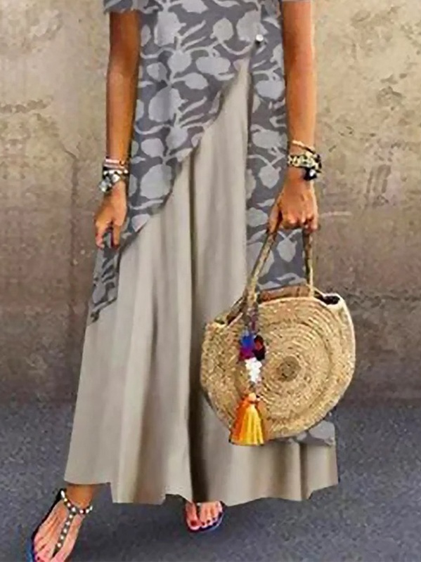 Short Sleeve Crew Neck Abstract Color Block Buckle Vacation Mock